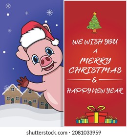 Merry Christmas Greeting Card, Flyer, Invitation, and Poster. Cute Pig Character Design Wearing Hat. Vector And Illustration.