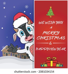 Merry Christmas Greeting Card, Flyer, Invitation, and Poster. Cute Cow Character Design Wearing Hat. Vector And Illustration.