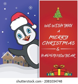 Merry Christmas Greeting Card, Flyer, Invitation, and Poster. Cute Penguin Character Design Wearing Hat. Vector And Illustration.