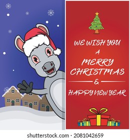 Merry Christmas Greeting Card, Flyer, Invitation, and Poster. Cute Donkey Character Design Wearing Hat. Vector And Illustration.