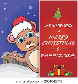 Merry Christmas Greeting Card, Flyer, Invitation, and Poster. Cute Bear Character Design Wearing Hat. Vector And Illustration.