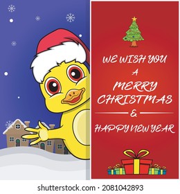 Merry Christmas Greeting Card, Flyer, Invitation, and Poster. Cute Duck Character Design Wearing Hat. Vector And Illustration.