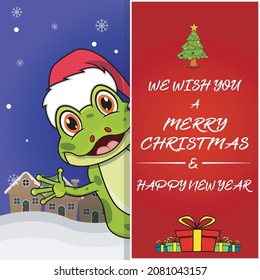 Merry Christmas Greeting Card, Flyer, Invitation, and Poster. Cute Frog Character Design Wearing Hat. Vector And Illustration.