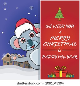 Merry Christmas Greeting Card, Flyer, Invitation, and Poster. Cute Koala Character Design Wearing Hat. Vector And Illustration.