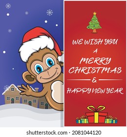 Merry Christmas Greeting Card, Flyer, Invitation, and Poster. Cute Monkey Character Design Wearing Hat. Vector And Illustration.