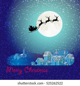 Merry Christmas greeting card of  flying Santa Claus and deer black silhouettes, snow and big moon. Christmas houses in snowfall at the night. Winter vector village panorama xmas poster.