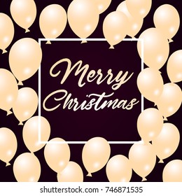 Merry Christmas Greeting Card with Flying Balloons, White Frame Vector Illustration.