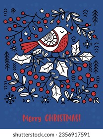 Merry Christmas greeting card. Folk Art Bird with berries, holly on blue background. Vector vertical illustration in hand drawing style. Xmas Scandinavian folk design