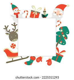 Merry Christmas Greeting card. Christmas greeting frame with traditional symbols - Snowman, Santa, Reindeer, Tree, Gifts and Sleigh. Vector illustration in flat cartoon style