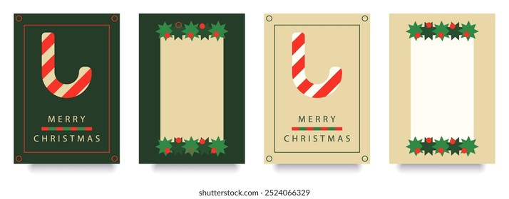 Cartão feliz de Natal, frente e verso, cartaz, capa. Design moderno Xmas em estilo geométrico simples em verde, vermelho, bege cores para anúncios, vendas, impressão, saudações da estação, convites