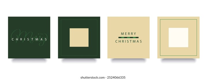 Cartão feliz de Natal, frente e verso, cartaz, capa. Design quadrado Xmas moderno em estilo geométrico simples em verde, vermelho, bege cores para anúncios, vendas, impressão, saudações da estação, convites