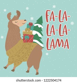 Merry Christmas greeting card with fun llama. Editable vector illustration