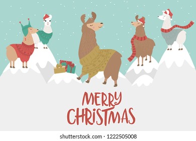 Merry Christmas greeting card with fun llama. Editable vector illustration