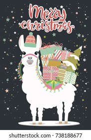 Merry Christmas greeting card with fun alpaca. Editable vector illustration