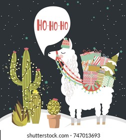 Feliz Navidad con divertida alpaca. Ilustración vectorial editable