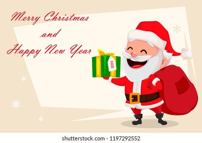 Merry Christmas greeting card with funny Santa Claus. Cheerful cartoon character holding gift box. Usable for banner, poster, flyer, label or tag. Vector illustration.