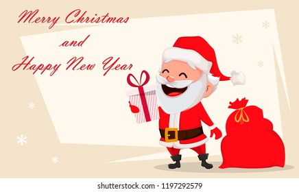 Merry Christmas greeting card with funny Santa Claus. Cheerful cartoon character holding gift box and bag. Usable for banner, poster, flyer, label or tag. Vector illustration.