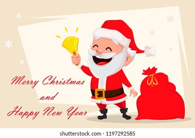 Merry Christmas greeting card with funny Santa Claus. Cheerful cartoon character holding hand bell. Usable for banner, poster, flyer, label or tag. Vector illustration.