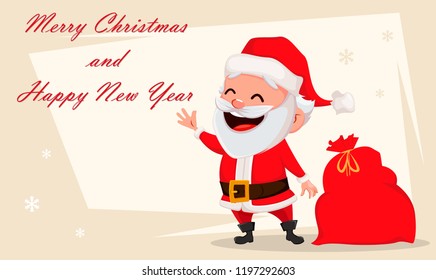 Merry Christmas greeting card with funny Santa Claus. Cheerful cartoon character. Usable for banner, poster, flyer, label or tag. Vector illustration.