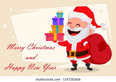 Merry Christmas greeting card with funny Santa Claus. Cheerful cartoon character holding four gift boxes. Usable for banner, poster, flyer, label or tag. Vector illustration.