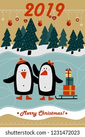 Merry Christmas greeting card with a funny cartoon penguins and sleigh with gifts