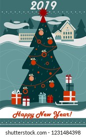 Merry Christmas greeting card with a funny cartoon sleigh and gifts under the Christmas tree.