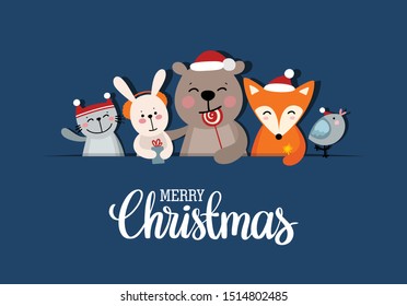 Merry Christmas greeting card with funny animals on blue background and handwritten text. Flat vector illustration