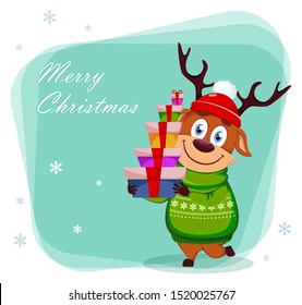 Merry Christmas greeting card with funny reindeer holding gift boxes. Cute cartoon character. Vector illustration