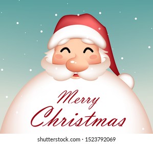Merry Christmas greeting card with funny Santa Claus and greetings on beard. Vector illustration.