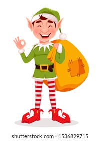 Merry Christmas greeting card with funny Elf. Santa Claus helper Elf holding big sack with presents. Cartoon character. Vector illustration on white background