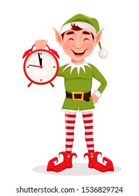 Merry Christmas greeting card with funny Elf. Santa Claus helper Elf holding alarm clock. Cartoon character. Vector illustration on white background