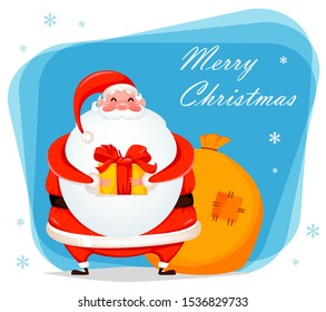 Merry Christmas greeting card with funny Santa Claus holding gift box. Cartoon character. Vector illustration on blue background with snowflakes