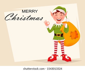 Merry Christmas greeting card with funny Elf. Santa Claus helper Elf holding big sack with presents. Cartoon character. Vector illustration