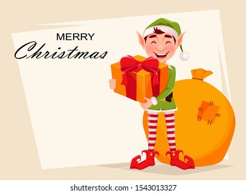 Merry Christmas greeting card with funny Elf. Santa Claus helper Elf holding gift box. Cartoon character. Vector illustration