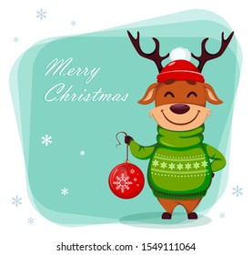 Merry Christmas greeting card with funny reindeer holding Christmas tree ball. Cute cartoon character. Vector illustration