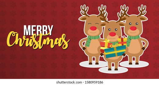 Merry Christmas greeting card with funny reindeer. Vector illustrations set.