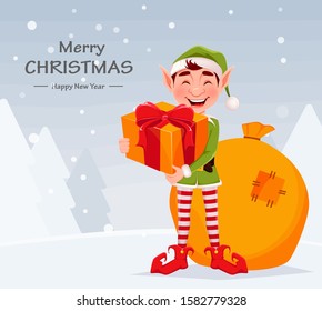 Merry Christmas greeting card with funny Elf. Santa Claus helper Elf holding gift box. Cartoon character. Vector illustration with winter forest on background