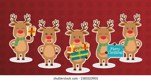 Merry Christmas greeting card with funny reindeer. Vector illustrations set.