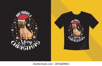 Merry Christmas greeting card with funny pug dog in Santa hat, vector illustration. Black Print ready CHristmas T-Shirt Template