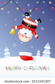 Merry Christmas. Greeting card with funny Santa Claus hanging upside down. Vector illustration.