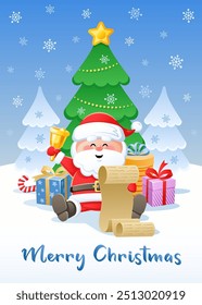 Merry Christmas. Greeting card with funny Santa Claus. Flat design without transparency. Vector illustration.