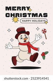 Feliz Natal cartão de cumprimentos com boneco de neve engraçado personagem groovy, holly branch e doces. Cartaz de inverno de Ano Novo. Ilustração vetorial, traçado editável.

