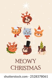 Merry Christmas greeting card with funny cats heads in Christmas hats, deer antlers vector illustrations.