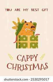 Feliz Natal cartão de saudação com capivara engraçado sentado em uma caixa de presente comendo doce cana ilustração vetor.