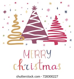 Merry christmas greeting card with funny hand drawn christmas trees and hand written lettering and design elements
