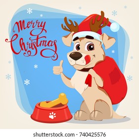 Merry Christmas greeting card. Funny dog wearing Santa Claus hat and deer antlers sitting near bowl with food and showing thumb up sign. Vector illustrations.