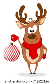 Merry Christmas greeting card with funny reindeer holding Christmas tree toy. Vector illustration on white background