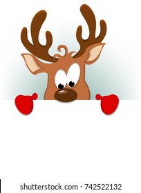 Merry Christmas greeting card with funny reindeer hiding behind blank placard. Vector illustration on white background