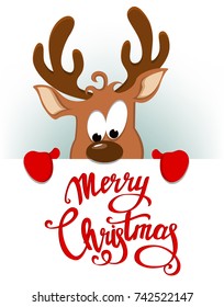 Merry Christmas greeting card with funny reindeer hiding behind placard with lettering. Vector illustration on white background