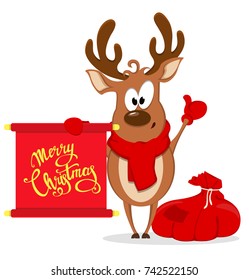 Merry Christmas greeting card with funny reindeer standing near bag with presents and holding scroll with greetings. Vector illustration on white background